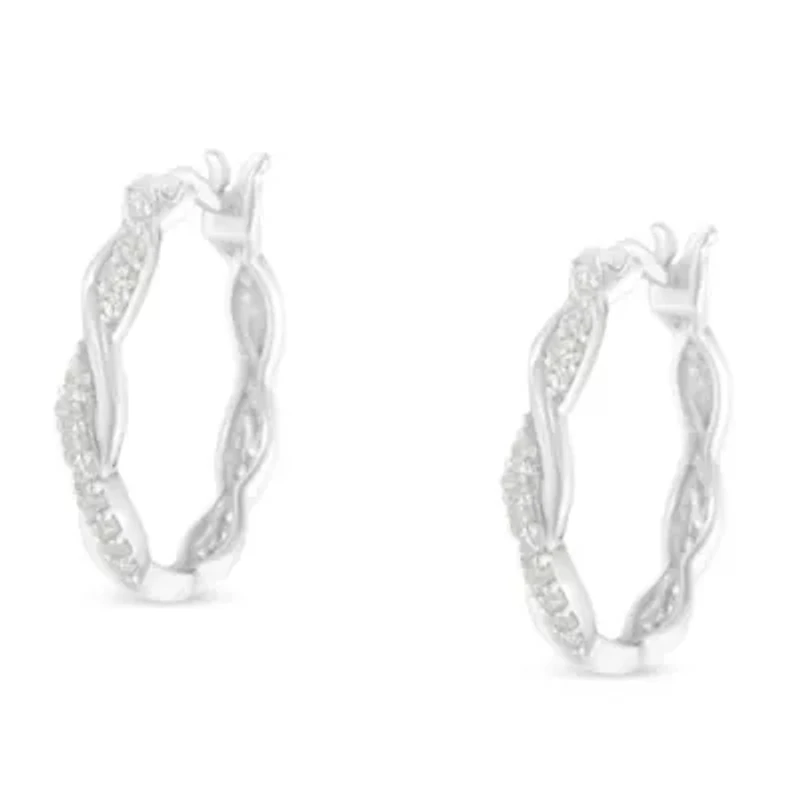 Sterling Silver 1/4 Ct Pave Diamond Twisted Spiral Hoop Earring