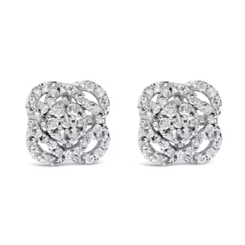 Silver 1/2 Ct RoundDiamond Floral Cluster and Halo Stud Earring
