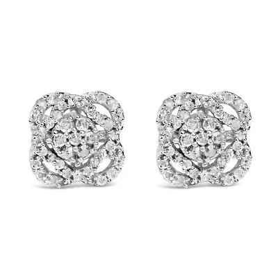 Silver 1/2 Ct RoundDiamond Floral Cluster and Halo Stud Earring