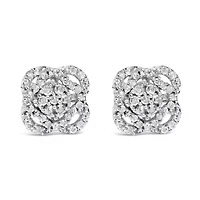Silver 1/2 Ct RoundDiamond Floral Cluster and Halo Stud Earring