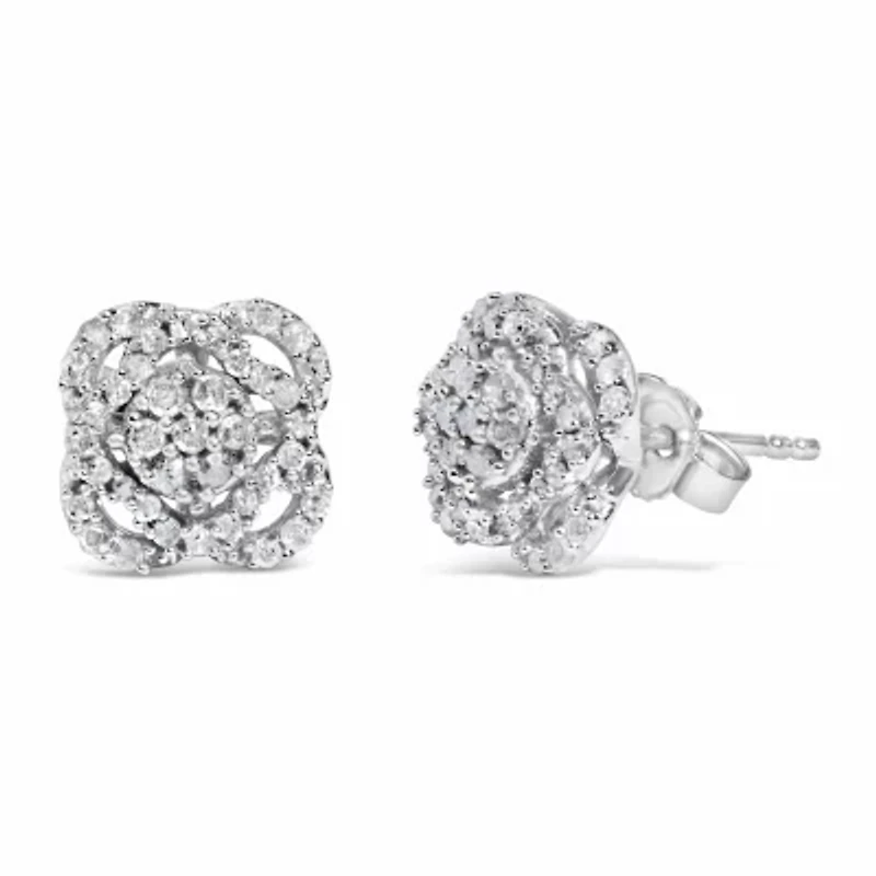 Silver 1/2 Ct RoundDiamond Floral Cluster and Halo Stud Earring