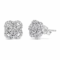Silver 1/2 Ct RoundDiamond Floral Cluster and Halo Stud Earring