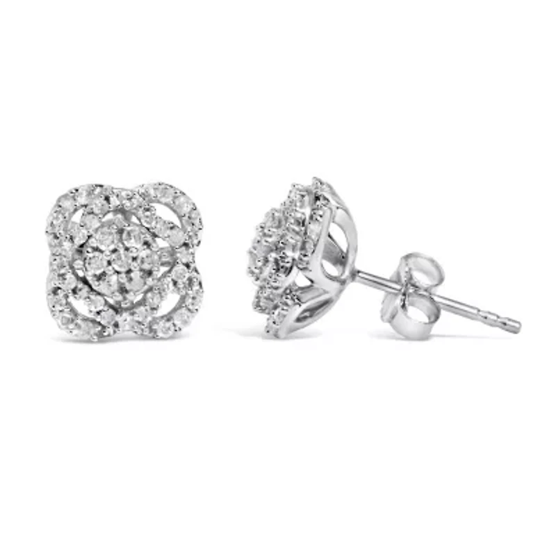 Silver 1/2 Ct RoundDiamond Floral Cluster and Halo Stud Earring