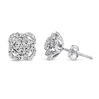 Silver 1/2 Ct RoundDiamond Floral Cluster and Halo Stud Earring
