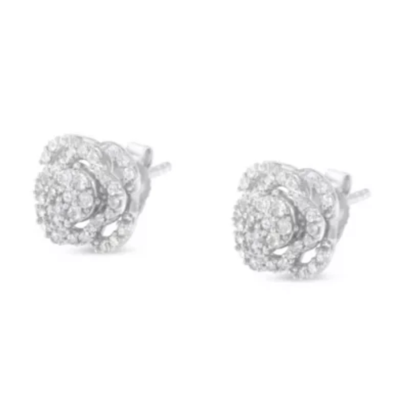 Silver 1/2 Ct RoundDiamond Floral Cluster and Halo Stud Earring