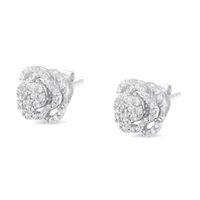 Silver 1/2 Ct RoundDiamond Floral Cluster and Halo Stud Earring