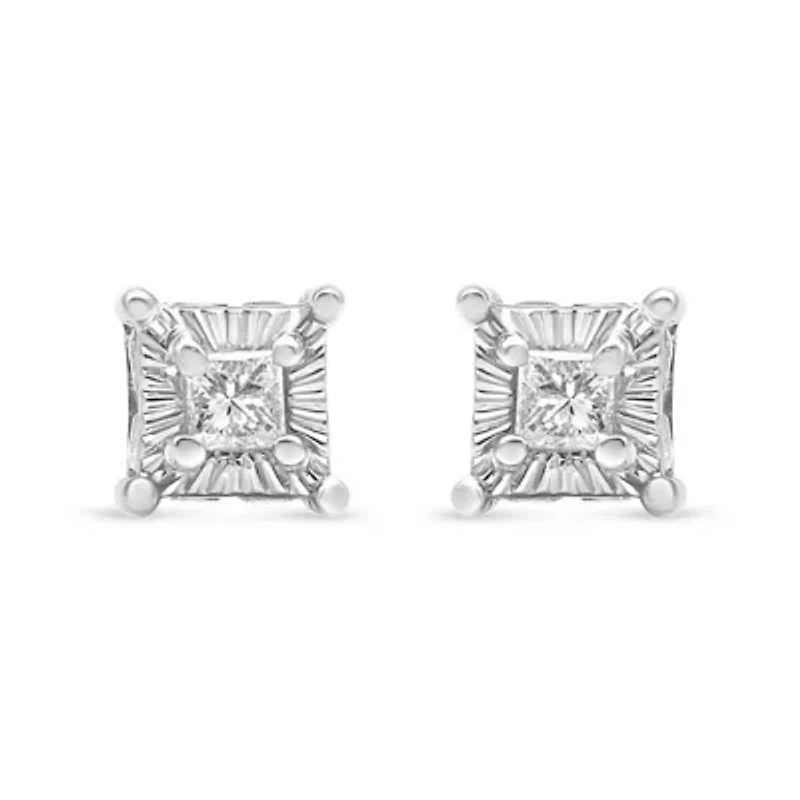 Silver 1/4 Ct Miracle Princess Solitaire Stud Earrings with Hidden Halo