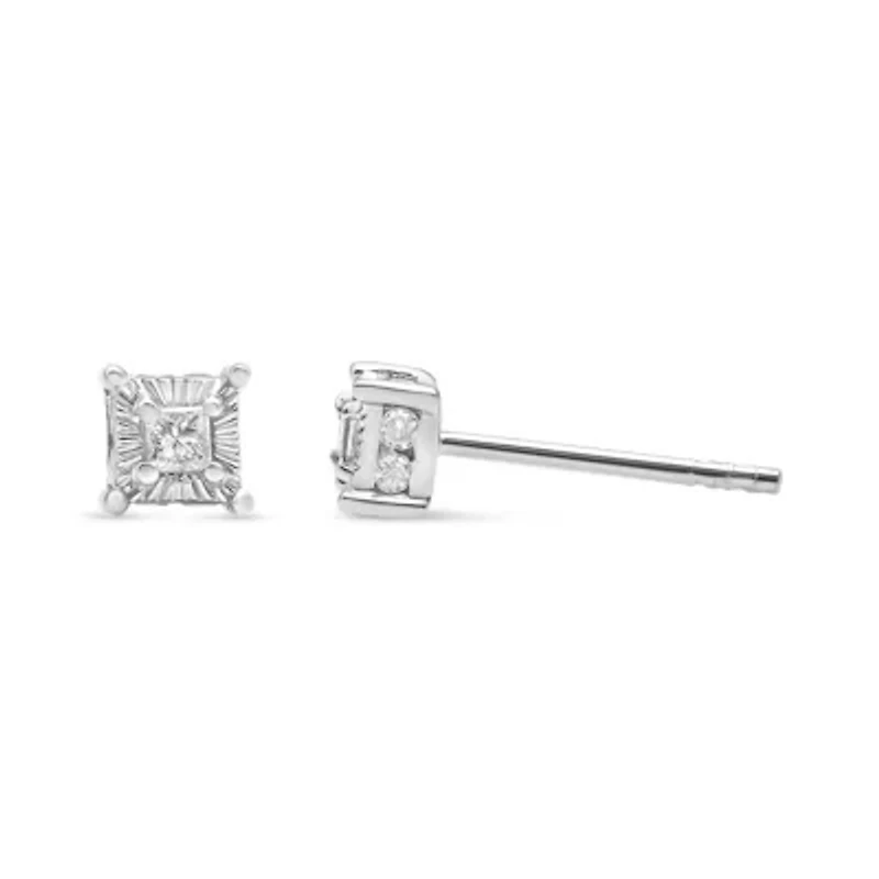 Silver 1/4 Ct Miracle Princess Solitaire Stud Earrings with Hidden Halo