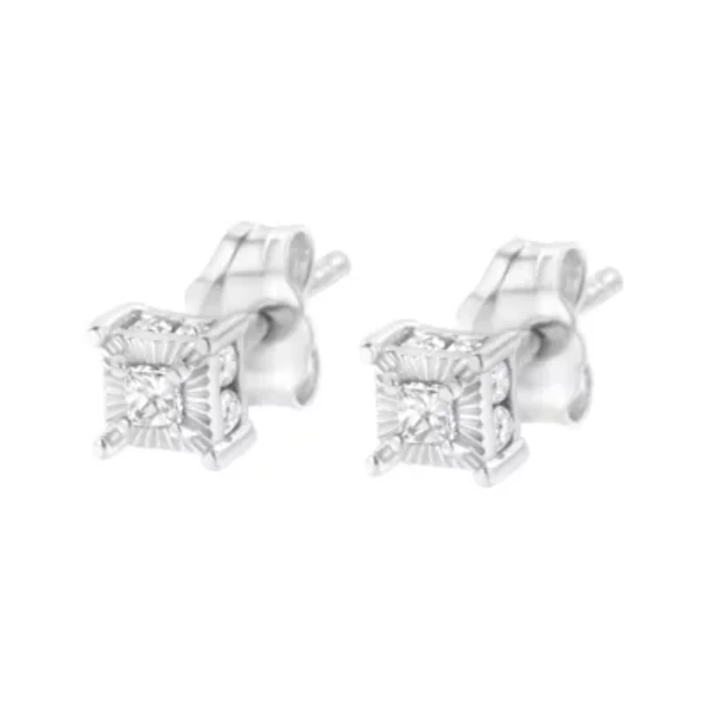 Silver 1/4 Ct Miracle Princess Solitaire Stud Earrings with Hidden Halo
