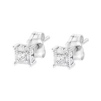 Silver 1/4 Ct Miracle Princess Solitaire Stud Earrings with Hidden Halo