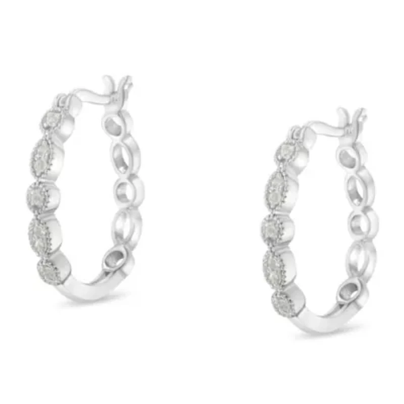Silver 1/6 Ct Diamond Milgrain Hoop Earring