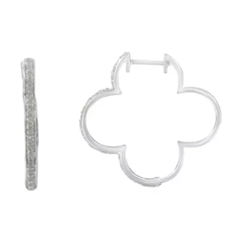 Silver 1.0 Ct Diamond 4 Leaf Clover Shape Hoop Earrings