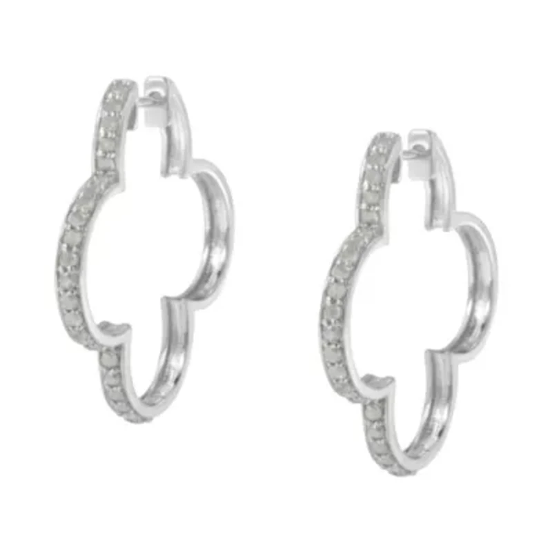 Silver 1.0 Ct Diamond 4 Leaf Clover Shape Hoop Earrings