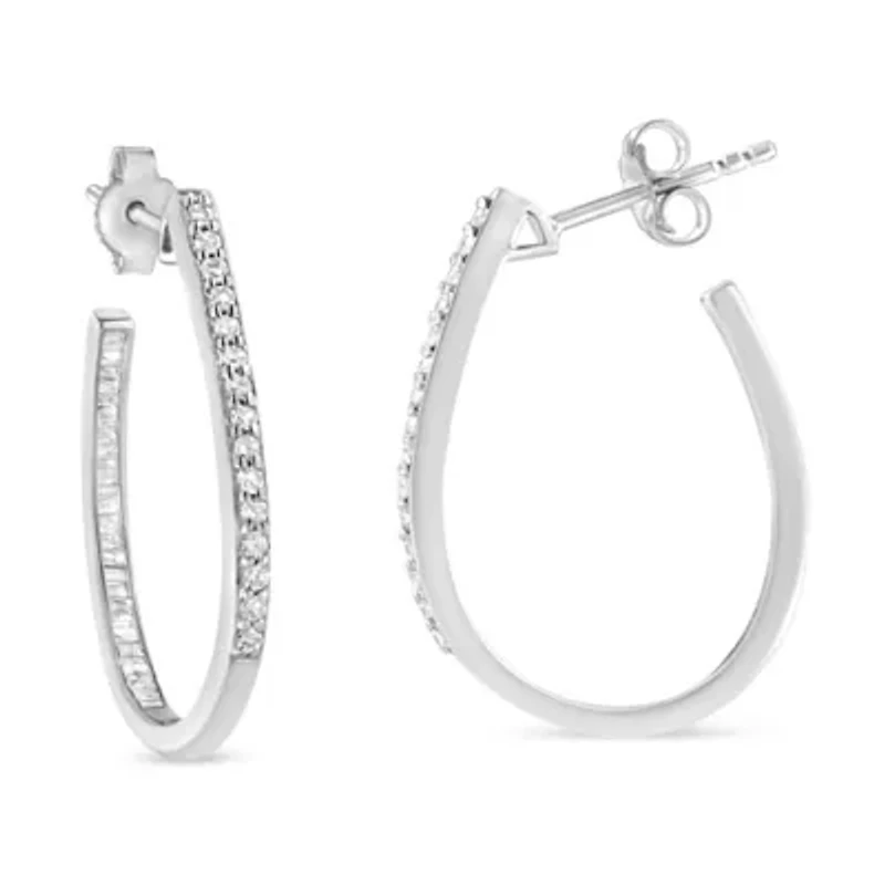 Silver 1/2 Ct Round and BaguetteDiamond Inside-Outside Hoop Earrings