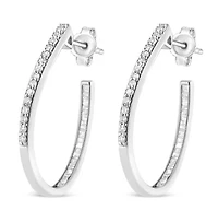 Silver 1/2 Ct Round and BaguetteDiamond Inside-Outside Hoop Earrings