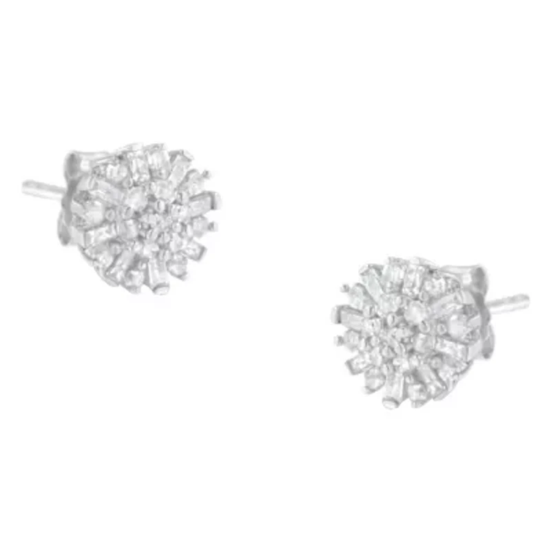 Silver 1/2 Round and Baguette Diamond Sunburst Floral Cluster Stud Earrings