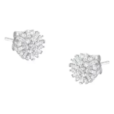 Silver 1/2 Round and Baguette Diamond Sunburst Floral Cluster Stud Earrings