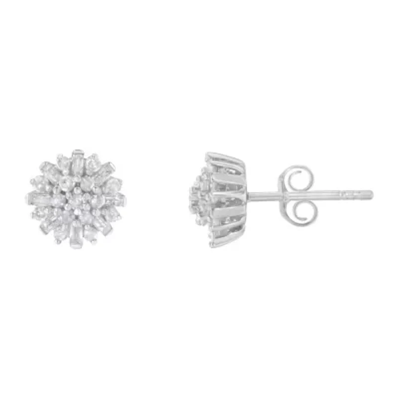 Silver 1/2 Round and Baguette Diamond Sunburst Floral Cluster Stud Earrings