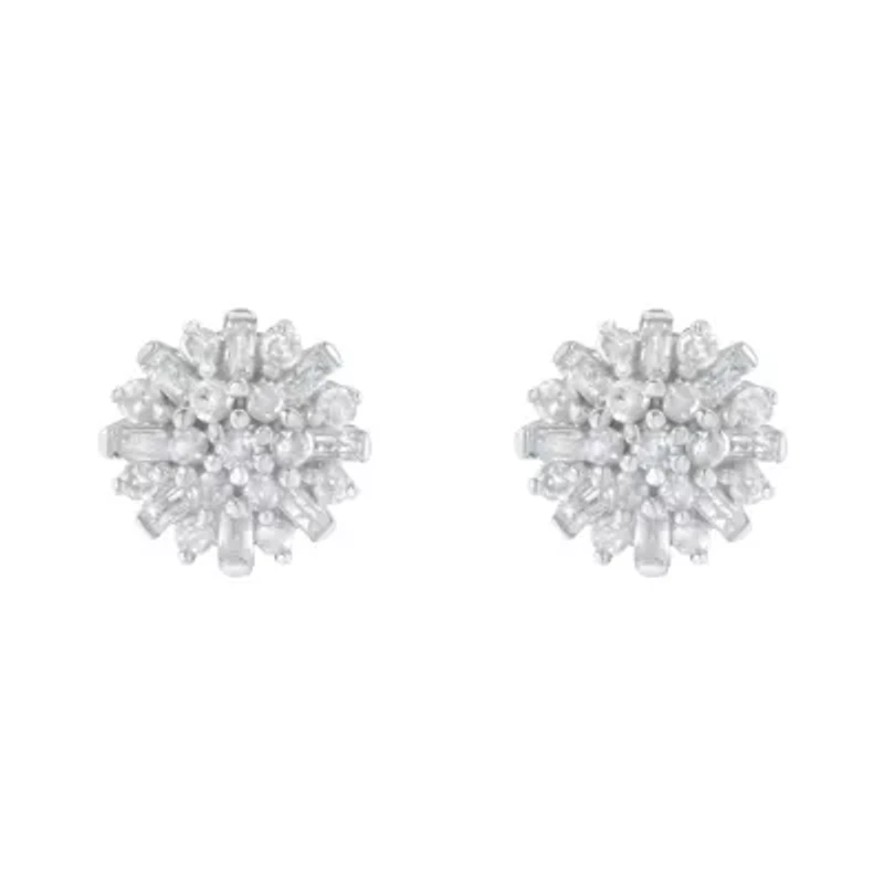 Silver 1/2 Round and Baguette Diamond Sunburst Floral Cluster Stud Earrings