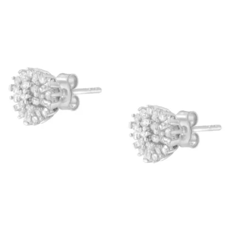 Silver 1/2 Round and Baguette Diamond Sunburst Floral Cluster Stud Earrings