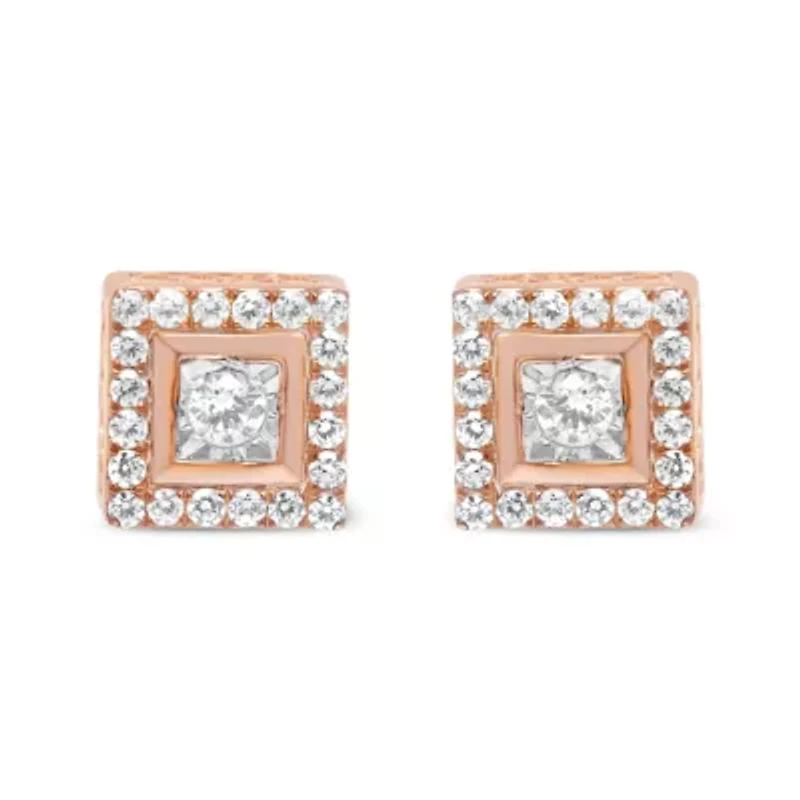 14K Rose Gold Plated Silver 1/2 Ct Diamond Halo Square-Shaped Frame Stud Earring
