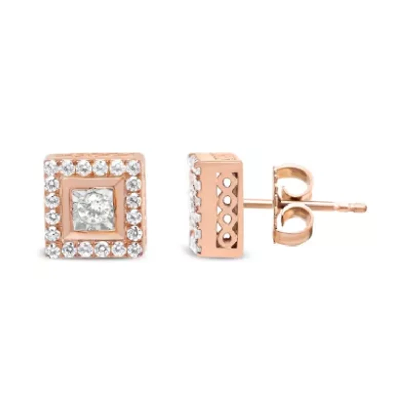 14K Rose Gold Plated Silver 1/2 Ct Diamond Halo Square-Shaped Frame Stud Earring