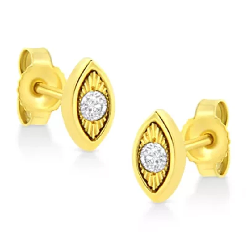 10K Yellow Gold Plated Silver 1/10 Ct Diamond Marquise Shape Stud Earrings