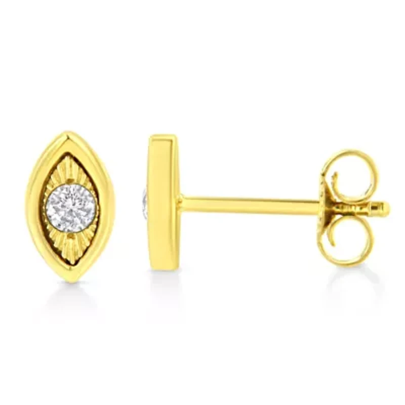 10K Yellow Gold Plated Silver 1/10 Ct Diamond Marquise Shape Stud Earrings