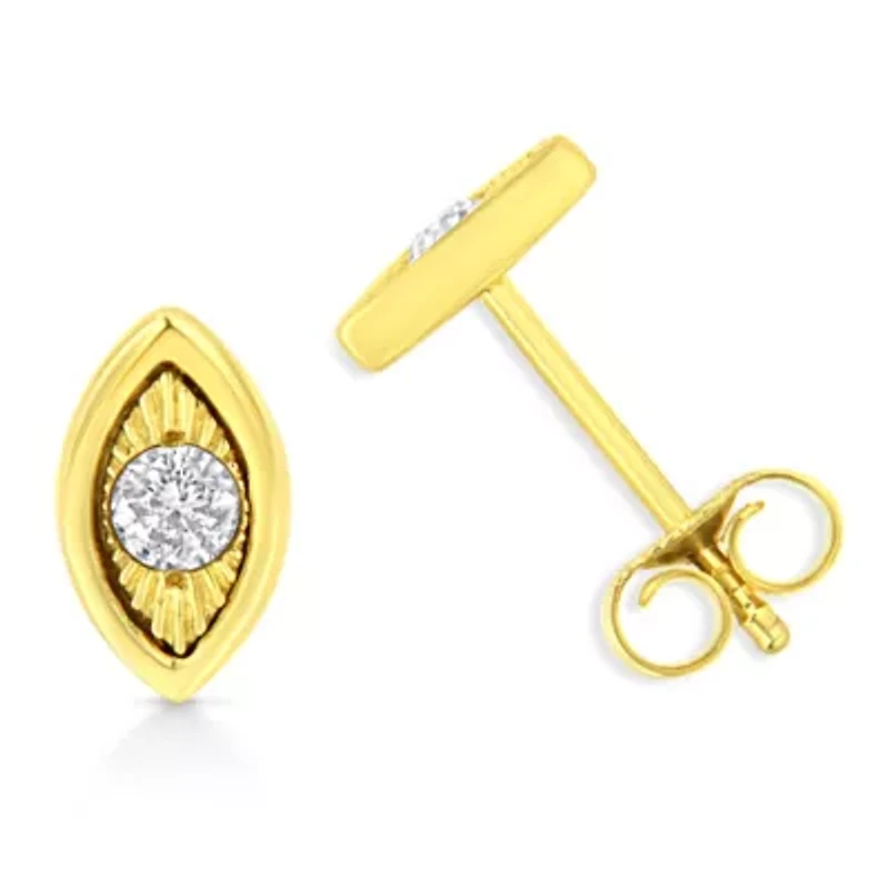 10K Yellow Gold Plated Silver 1/10 Ct Diamond Marquise Shape Stud Earrings
