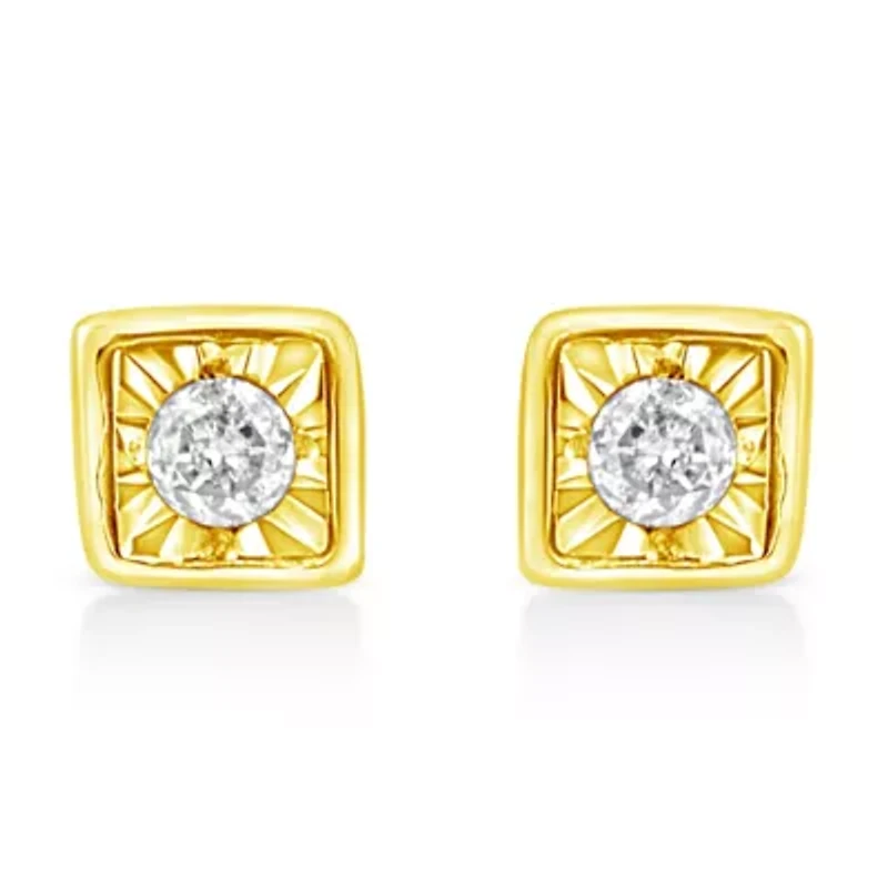 10K Yellow Gold Plated Silver 1/10 Ct Miracle- Diamond Square Stud Earrings