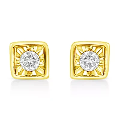 10K Yellow Gold Plated Silver 1/10 Ct Miracle- Diamond Square Stud Earrings