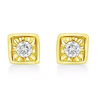 10K Yellow Gold Plated Silver 1/10 Ct Miracle- Diamond Square Stud Earrings