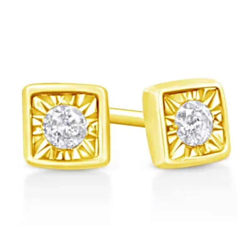 10K Yellow Gold Plated Silver 1/10 Ct Miracle- Diamond Square Stud Earrings