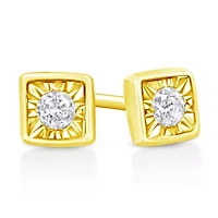 10K Yellow Gold Plated Silver 1/10 Ct Miracle- Diamond Square Stud Earrings
