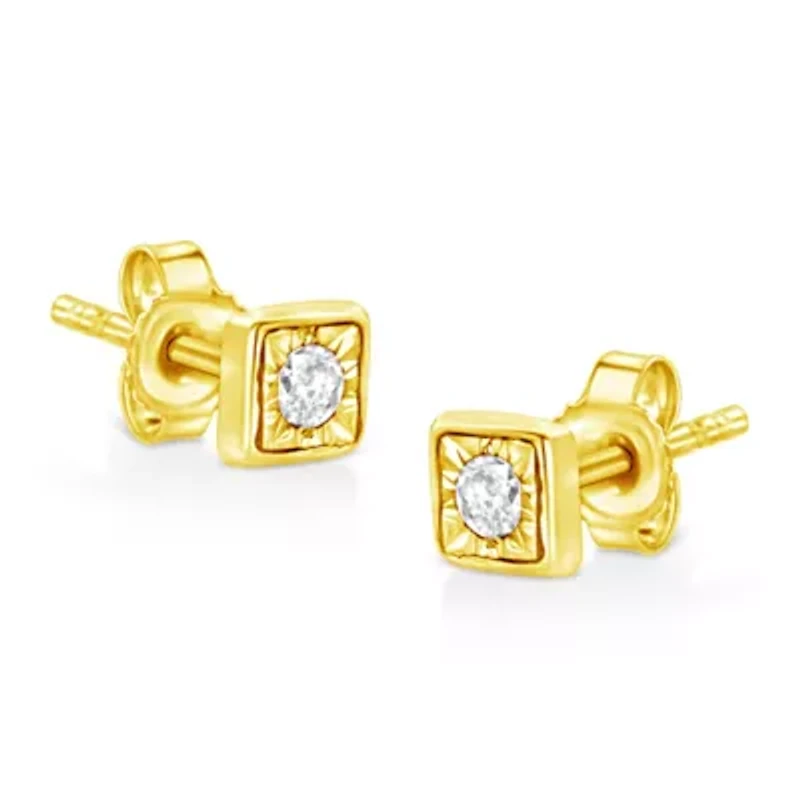 10K Yellow Gold Plated Silver 1/10 Ct Miracle- Diamond Square Stud Earrings