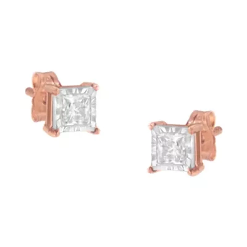 14K Rose Gold Plated Silver 1/2 Ct Princess Diamond Solitaire Stud Earrings