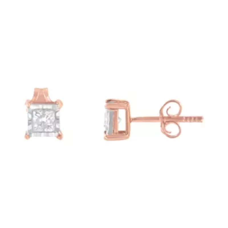 14K Rose Gold Plated Silver 1/2 Ct Princess Diamond Solitaire Stud Earrings