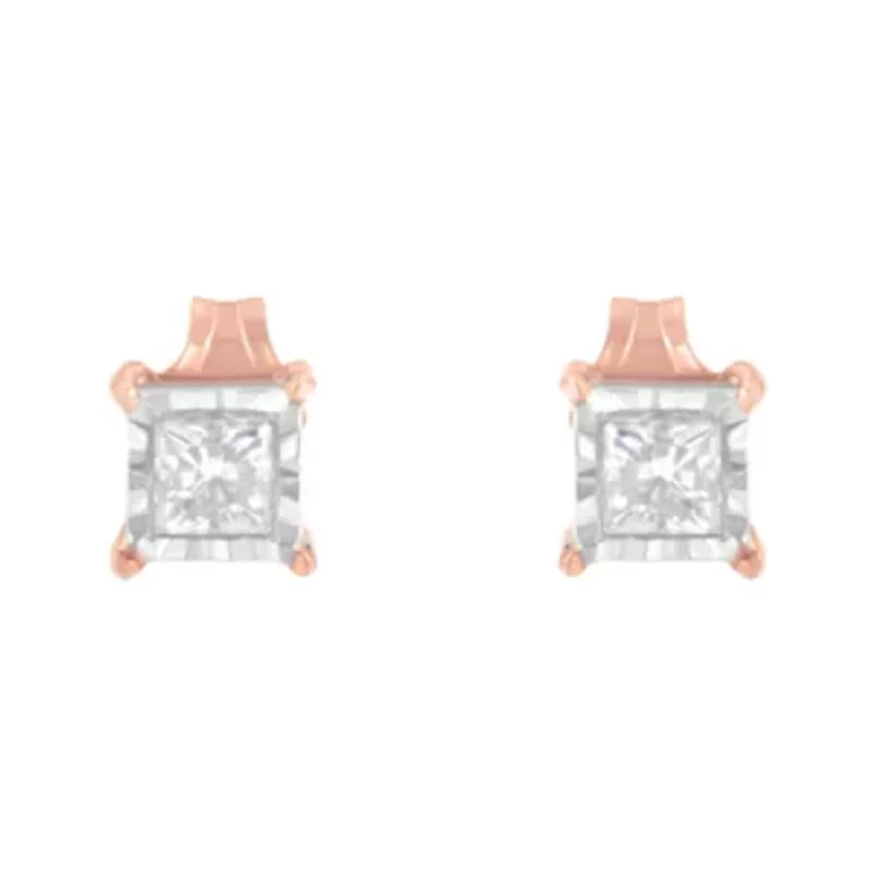14K Rose Gold Plated Silver 1/2 Ct Princess Diamond Solitaire Stud Earrings