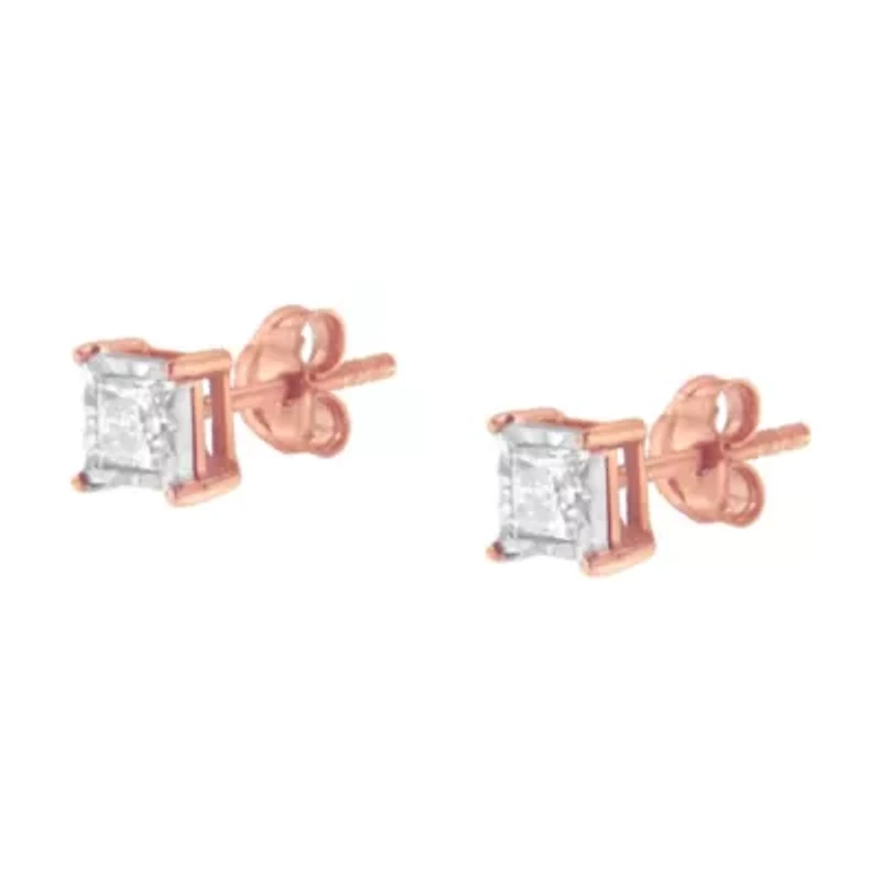14K Rose Gold Plated Silver 1/2 Ct Princess Diamond Solitaire Stud Earrings