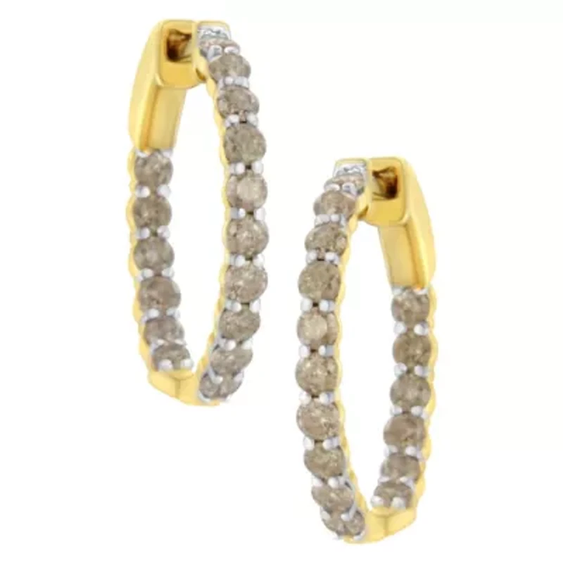 10K Yellow Gold Plated Sterling Silver Diamond Hoop Earrings
