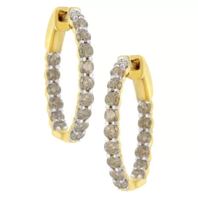 10K Yellow Gold Plated Sterling Silver Diamond Hoop Earrings