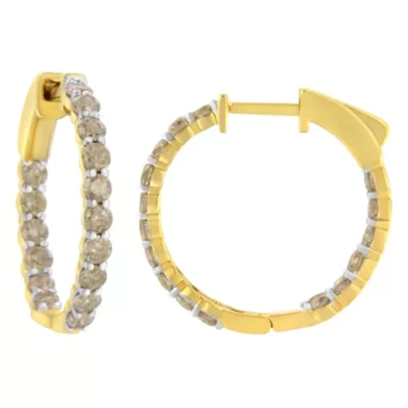 10K Yellow Gold Plated Sterling Silver Diamond Hoop Earrings