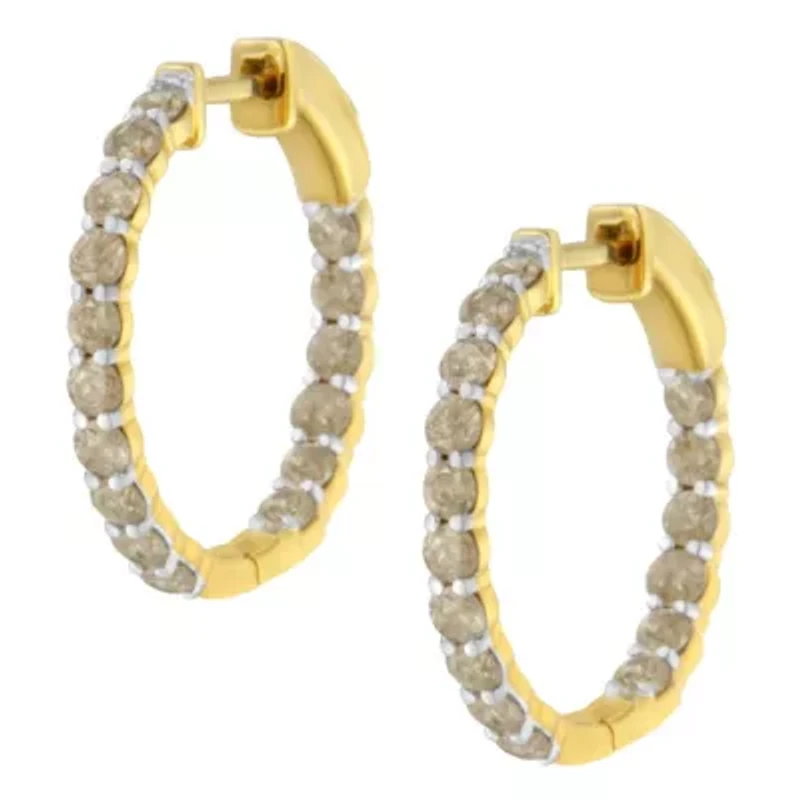 10K Yellow Gold Plated Sterling Silver Diamond Hoop Earrings