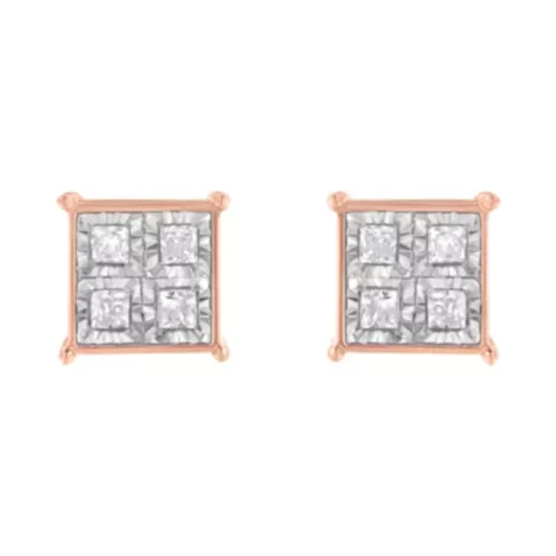 Rose Gold Plated Sterling Silver Diamond Composite Stud Earrings