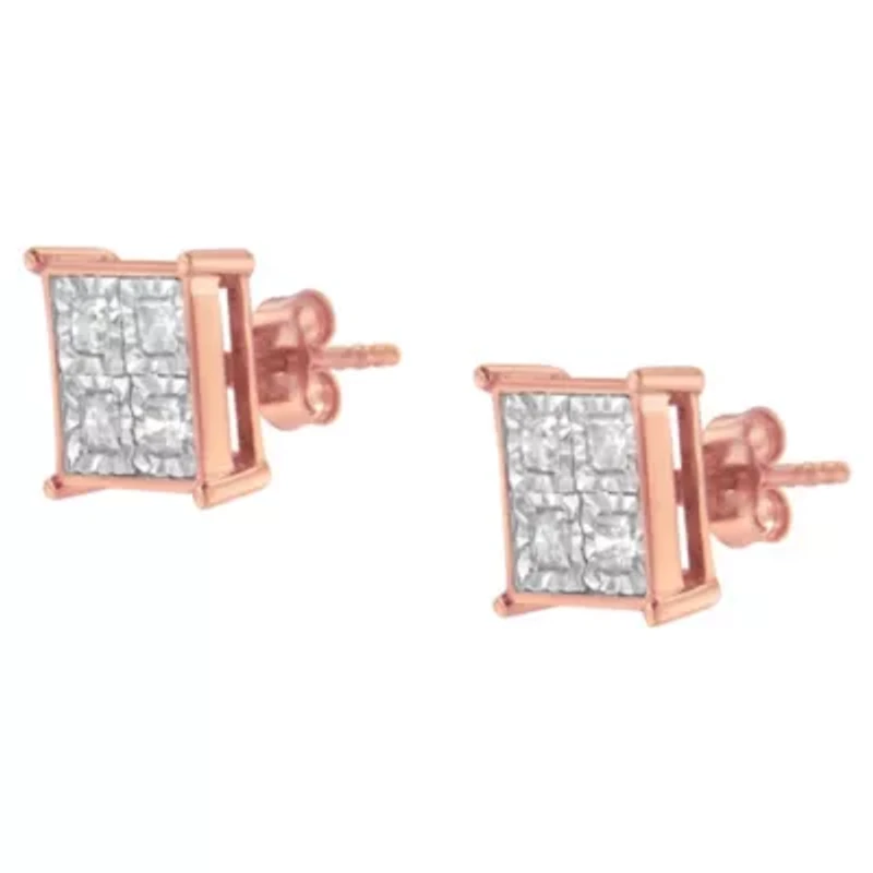 Rose Gold Plated Sterling Silver Diamond Composite Stud Earrings
