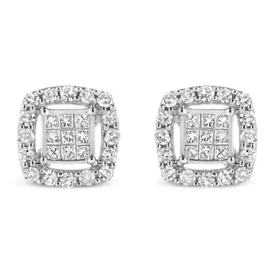 Silver 1/2 Ct Round and Princess Stud Earrings