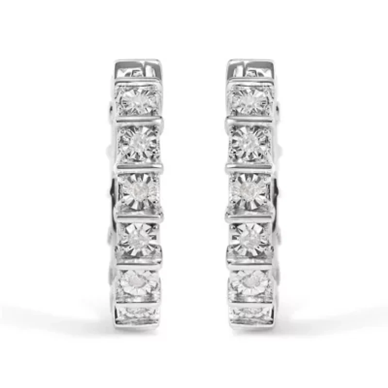 Silver 1/2 Ct Diamond Bar and Plate Eternity Hoop Earrings
