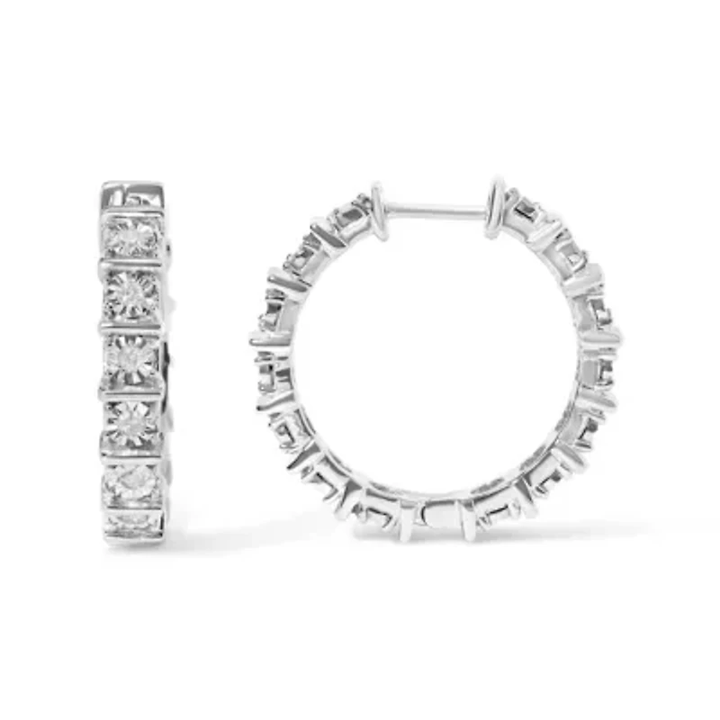 Silver 1/2 Ct Diamond Bar and Plate Eternity Hoop Earrings