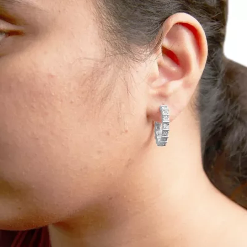 Silver 1/2 Ct Diamond Bar and Plate Eternity Hoop Earrings