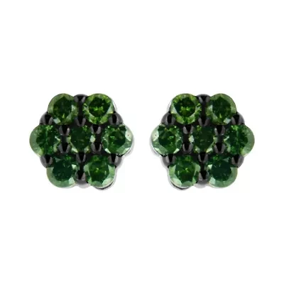 Silver 2.0 Ct Prong Round Green Diamond Floral Cluster Stud Earring